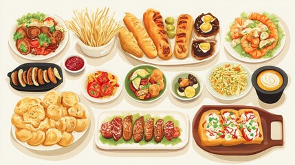 An assortment of various dishes including bread shrimp salad and fried items on a white surface