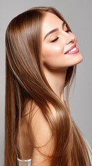 Naklejka premium Hair regeneration concept. Smiling woman with long, straight hair, showcasing a joyful expression against a neutral background.