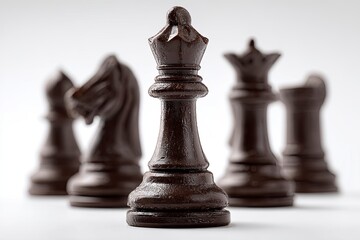 A chocolate chess piece on a white background, with other pieces lined up behind it. The focus is sharp and clear, 