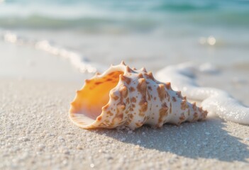 Close-up of a seashell spiral half-buried in pristine shoreline