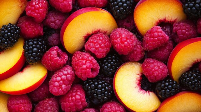 Overhead view of a mix of fresh raspberries blackberries and sliced peaches creating a colorful pattern