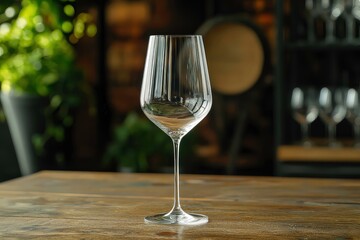 Elegant crystal wine glass with intricate cut patterns on wooden surface, illuminated by warm golden light for a sophisticated ambiance