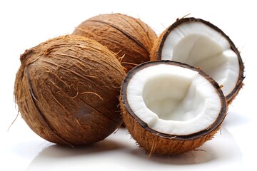 Three coconuts with one of them cut open