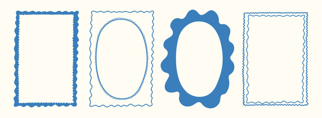 Hand drawn Italian postcard stamp set. Vintage Italy summer doodle border set. Whimsical minimal blue frames for menu, wedding, prints, invitation. Coastal vacation Isolated Vector illustration.