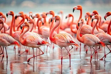 Group of flamingos are standing in a body of water