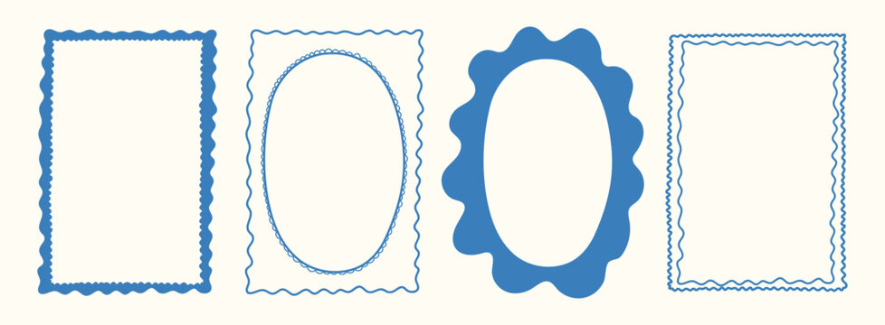 Hand drawn Italian postcard stamp set. Vintage Italy summer doodle border set. Whimsical minimal blue frames for menu, wedding, prints, invitation. Coastal vacation Isolated Vector illustration.