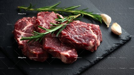 Raw beef steaks rosemary garlic dark background