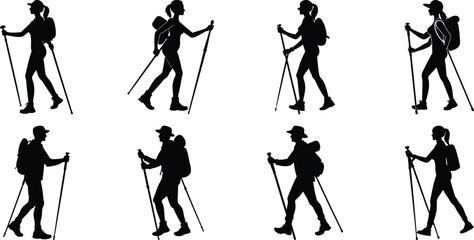 Hiker Silhouettes set. Silhouettes of climbers are isolated on a transparent background. Climber People with backpacks.