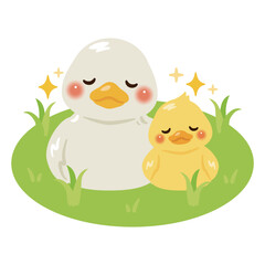 草原でリラックスするアヒルとヒナのイラスト