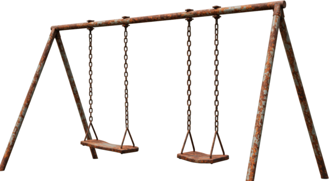 Rusty Old Metal Swing Set Abandoned Playground Weathered Chains Two Seats Outdoor - Powered by Adobe