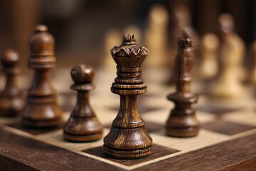 Fototapeta premium Wooden chess pieces on a chessboard, a chess game concept, set against an outdoor background on a sunny day. 
