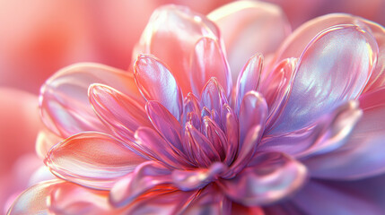 Fototapeta premium Close up of vibrant, iridescent flower with delicate petals in shades of pink and purple, creating dreamy and ethereal atmosphere. soft focus enhances its beauty