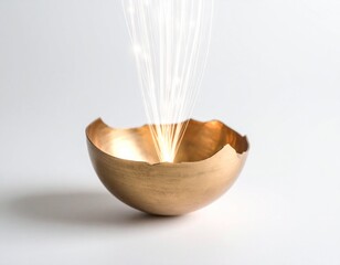 Broken bronze shell with glowing light.Thin platinum light rises from cracked bronze