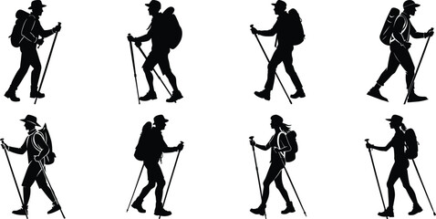 Hiker Silhouettes set. Silhouettes of climbers are isolated on a transparent background. Climber People with backpacks.