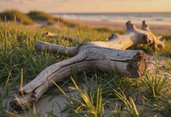 Driftwood log resting on dune grass under a soft evening glow