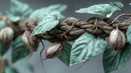 Intertwined textures, the robust rope intertwined with delicate climbing plants