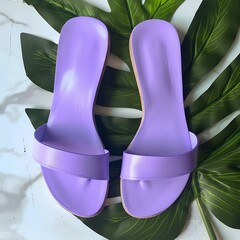 Pair of trendy lilac leather sandals amidst lush tropical foliage backdrop