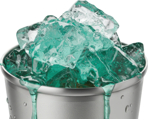Refreshing Teal Ice Cubes in a Metal Cup Close Up Melting Drinks Cocktails