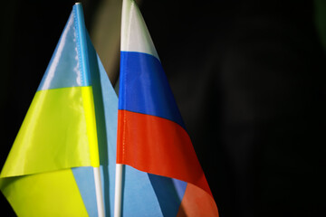 Ukraine and Russia Conflict Concept with Flags Representing Ongoing Tensions and Geopolitical Issues