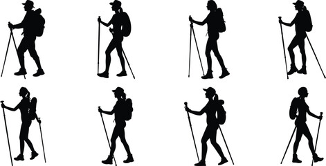 Hiker Silhouettes set. Silhouettes of climbers are isolated on a transparent background. Climber People with backpacks.