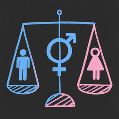 Balanced scale illustration with male and female gender symbols symbolizing gender equality, justice, and fair rights