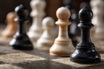 Fototapeta premium White chess pieces on the floor of an outdoor park, a white rook piece in the foreground with other black and gray pieces behind it, 