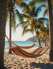 Row of empty hammocks swaying gently between palm trees on a beach