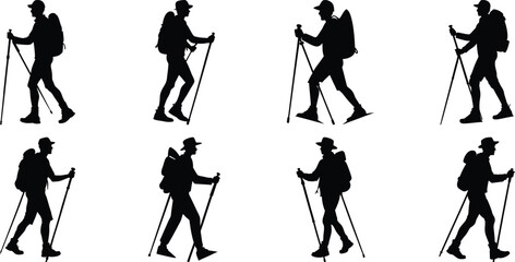 Hiker Silhouettes set. Silhouettes of climbers are isolated on a transparent background. Climber People with backpacks.