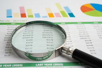 Magnifying glass on charts graphs paper. Financial development, Banking Account, Statistic,...