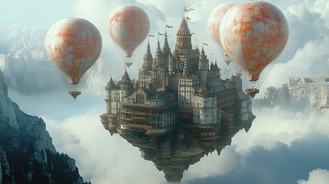 A majestic floating castle ascends above the clouds carried by whimsical air balloons set against a dreamlike fantasy