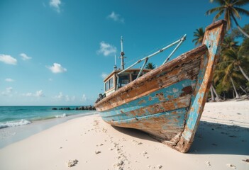Obraz premium Vintage fishing boat beached on white sand under a clear blue sky