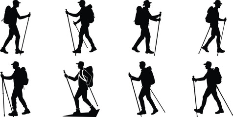 Obraz premium Hiker Silhouettes set. Silhouettes of climbers are isolated on a transparent background. Climber People with backpacks.