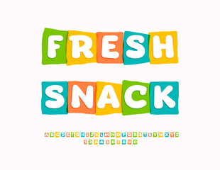 Vector Creative banner Fresh Snack. Colorful 3D Cube Font. Bright Blocks Alphabet Letters and Numbers.