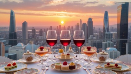 Exquisite Rooftop Dining Experience with City Skyline and Sunset Views