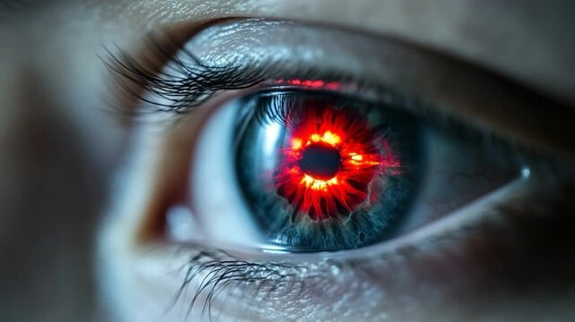 Intriguing Close-Up of a Human Eye with Red Glowing Pupil
