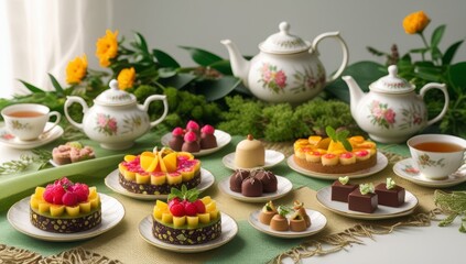 Fototapeta premium Elegant afternoon tea arrangement with floral teapots and assorted desserts