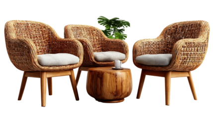 Elegant Wicker Lounge: A stylish outdoor patio set featuring intricately woven wicker chairs surrounding a unique wooden side table, creating a serene and inviting space for relaxation. 