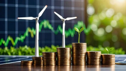 Eco investing grows with stocks shown by coins stacked with plant and wind turbine on solar panel in sunlight and stock market graph background - Powered by Adobe