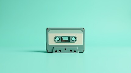 Fototapeta premium Classic cassette tape in light teal, isolated on a matching monochromatic teal background, showcasing vintage charm with clean lines.