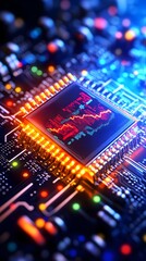 Illuminated microchip displays a dynamic graph amidst vibrant circuitry
