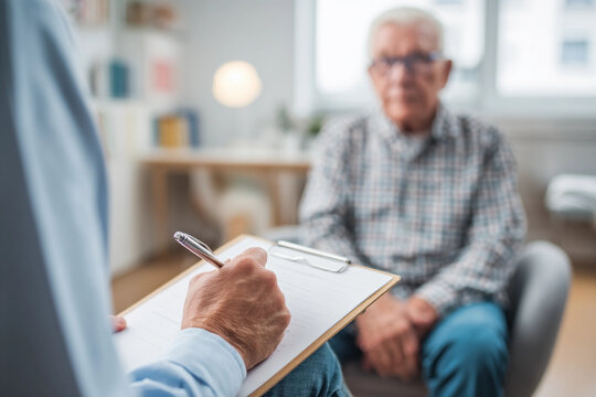 Doctor examining an elderly man in blurred background. Doctor's appointment, healthcare and medicine concept. Lifestyle shot for poster, visual, design