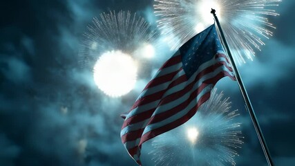 American flag waving with fireworks sky. Holiday fireworks light up night. Celebration of independence fills sky. Freedom shines with America pride. Night fireworks illuminate patriotism. - Powered by Adobe