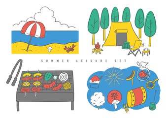 Hand-drawn Summer Leisure Set &ndash; Beach, Camping, BBQ and Festival
手描き風の夏レジャーセット（海・キャンプ・バーベキュー・夏祭り）