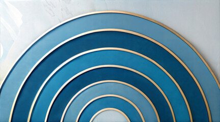 Abstract blue rainbow art with gold outlines on white marble background for decoration