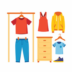 Colorful wardrobe set for a young boy, minimalistic organization