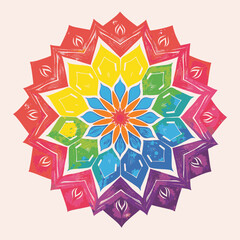 Vibrant rainbow mandala chalk art on white background, joyful expression