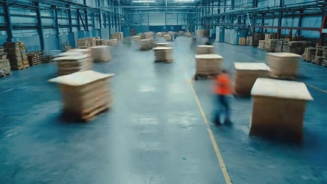 time-lapse pallets ground level to stacking high warehouse. workers stack pallets, track upward, growing volume movement. workers continuous flow energy pallets toward sky