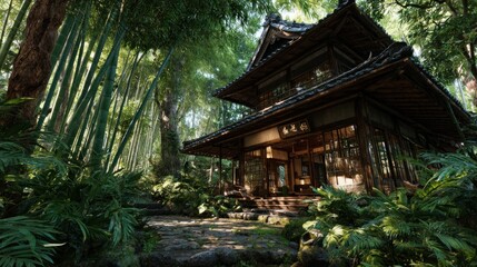 Obraz premium Serene Japanese temple nestled within lush bamboo forest landscape imagery
