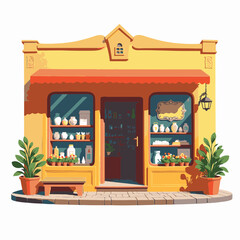 Charming local shop with colorful displays on cobblestone street, community