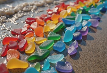Sea-glass shards creating a vibrant rainbow mosaic in a tidal pool